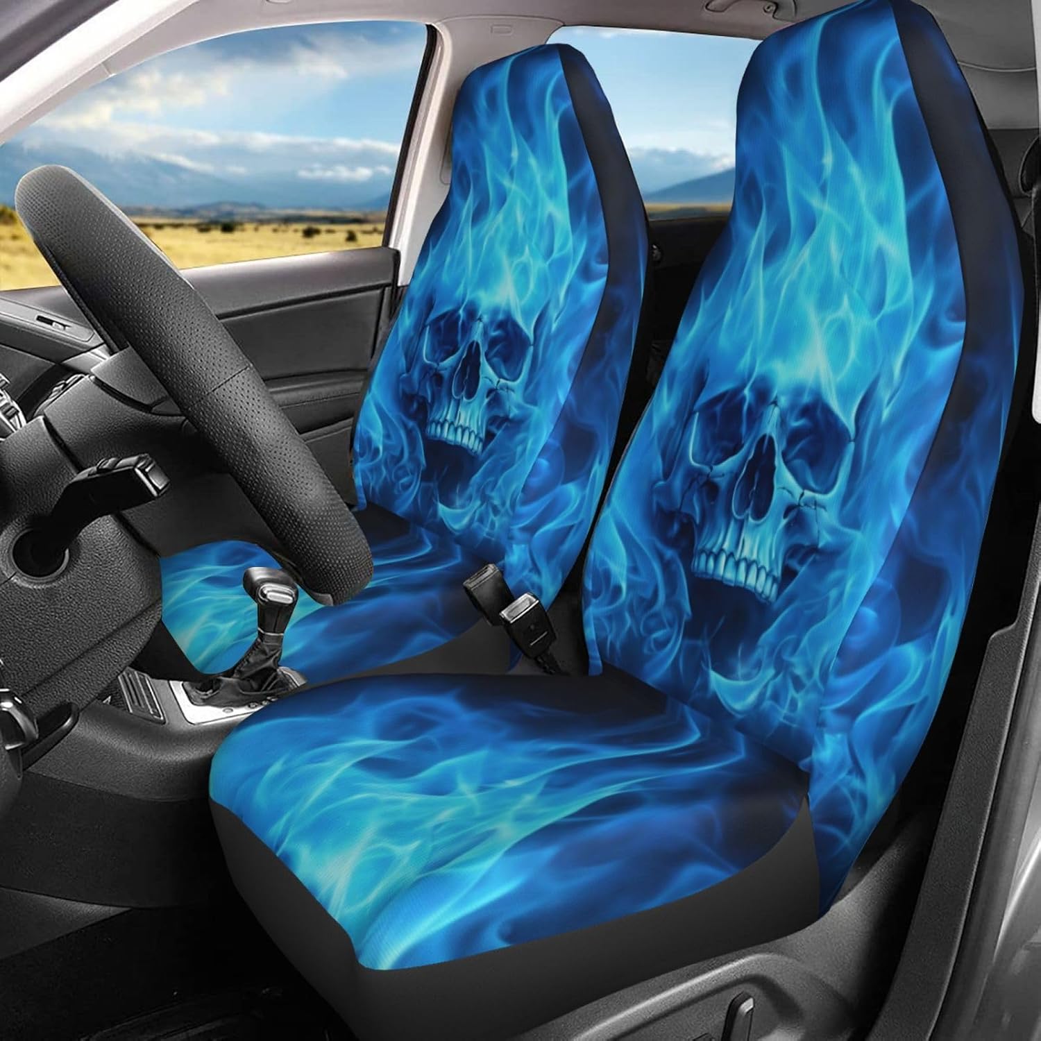 Foruidea Blue Flame Skull Car Seat Covers Universal 2 Pcs Auto Front Seat Cover Fit Most Cars,SUV,Sedan,Trucks