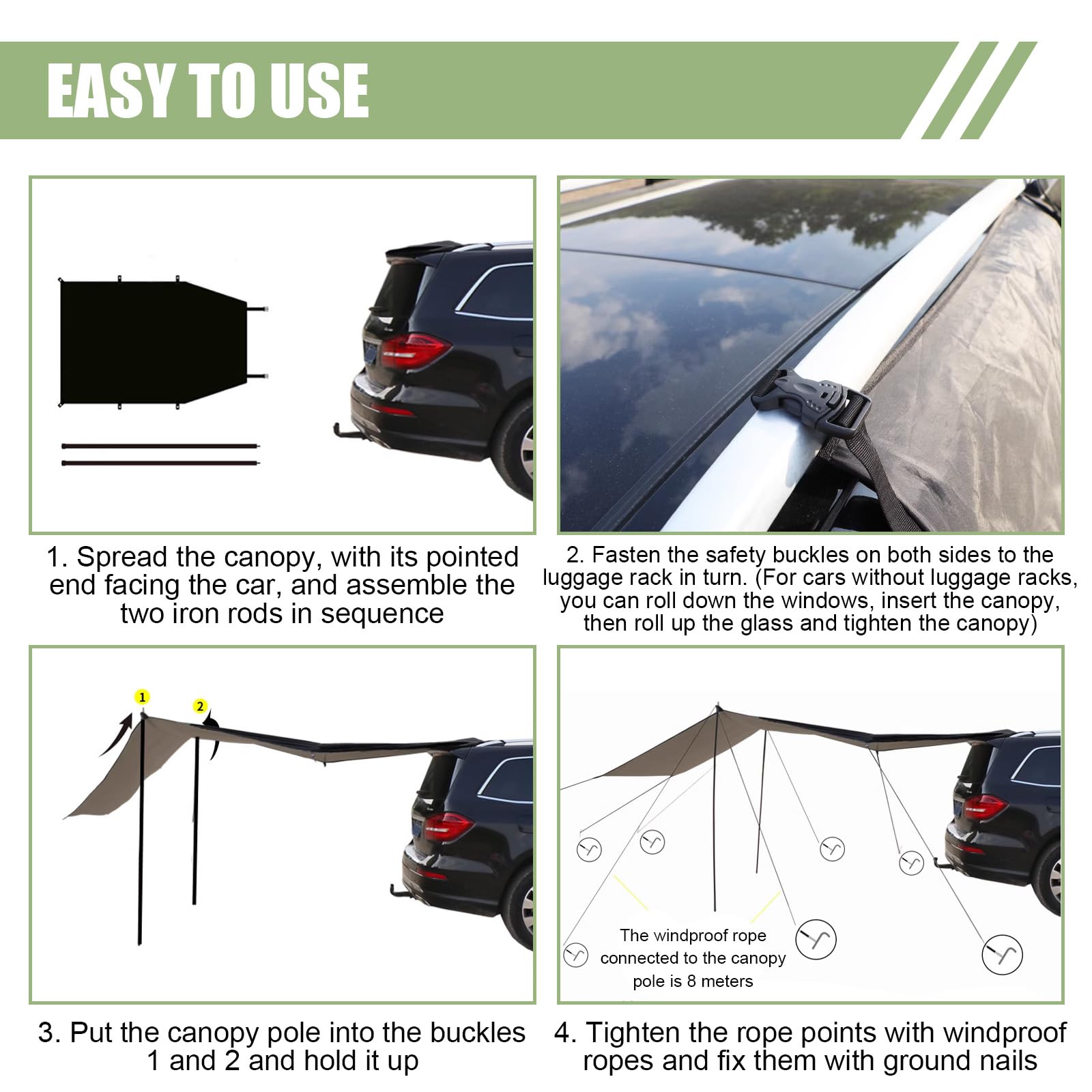Auvent universel étanche 200-300 cm | Tente de toit et auvent pour voiture, caravane, bus | Protection UV +50, avec barres et passepoil | Camping en plein air, plage et jardin