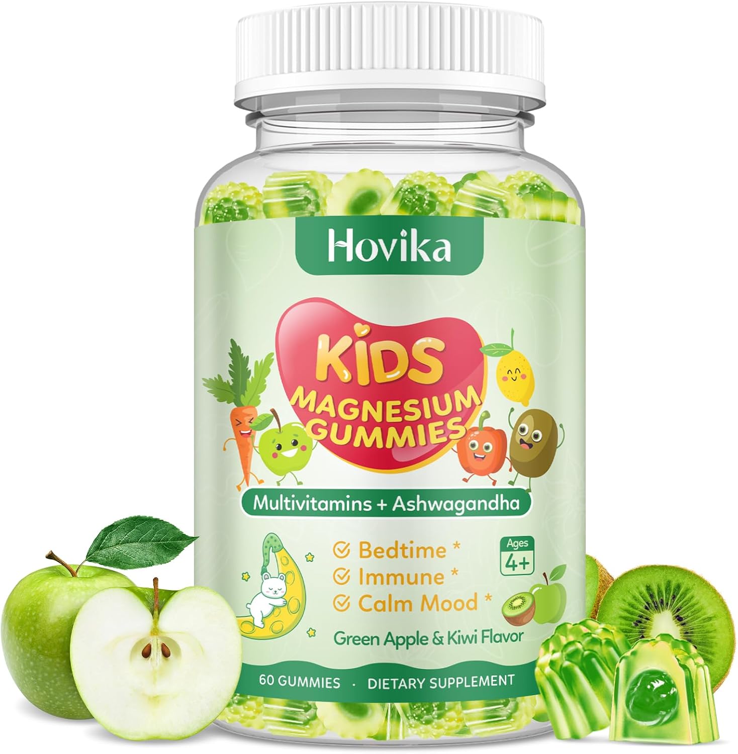 2 Pack Center-Filled Magnesium Glycinate Gummies for Kids - Magnesium Supplement Gummes with L-Theanine, Chamomile & Multivitamins for Sleep, Calm & Focus, Melatonin-Free - Green Apple & Kiwi, 60 CT