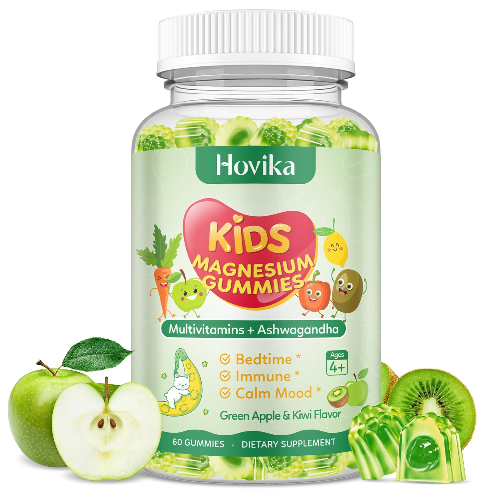 Magnesium Gummies for Kids - Magnesium Glycinate Gummies with L-Theanine, Chamomile & Multivitamins for Sleep, Calm & Focus - Green Apple & Kiwi Center-Filled Gummies 60 ct Green Apple & Kiwi 60 Count (Pack of 1)