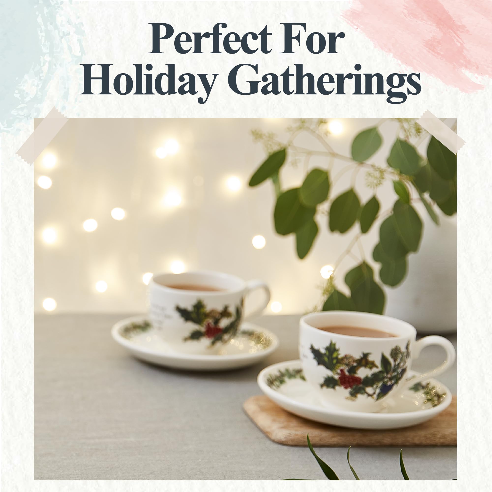 Portmeirion Home & Gifts Filiżanka i spodek do herbaty Holly & Ivy, ceramiczny, wielokolorowy, zestaw 6 szt