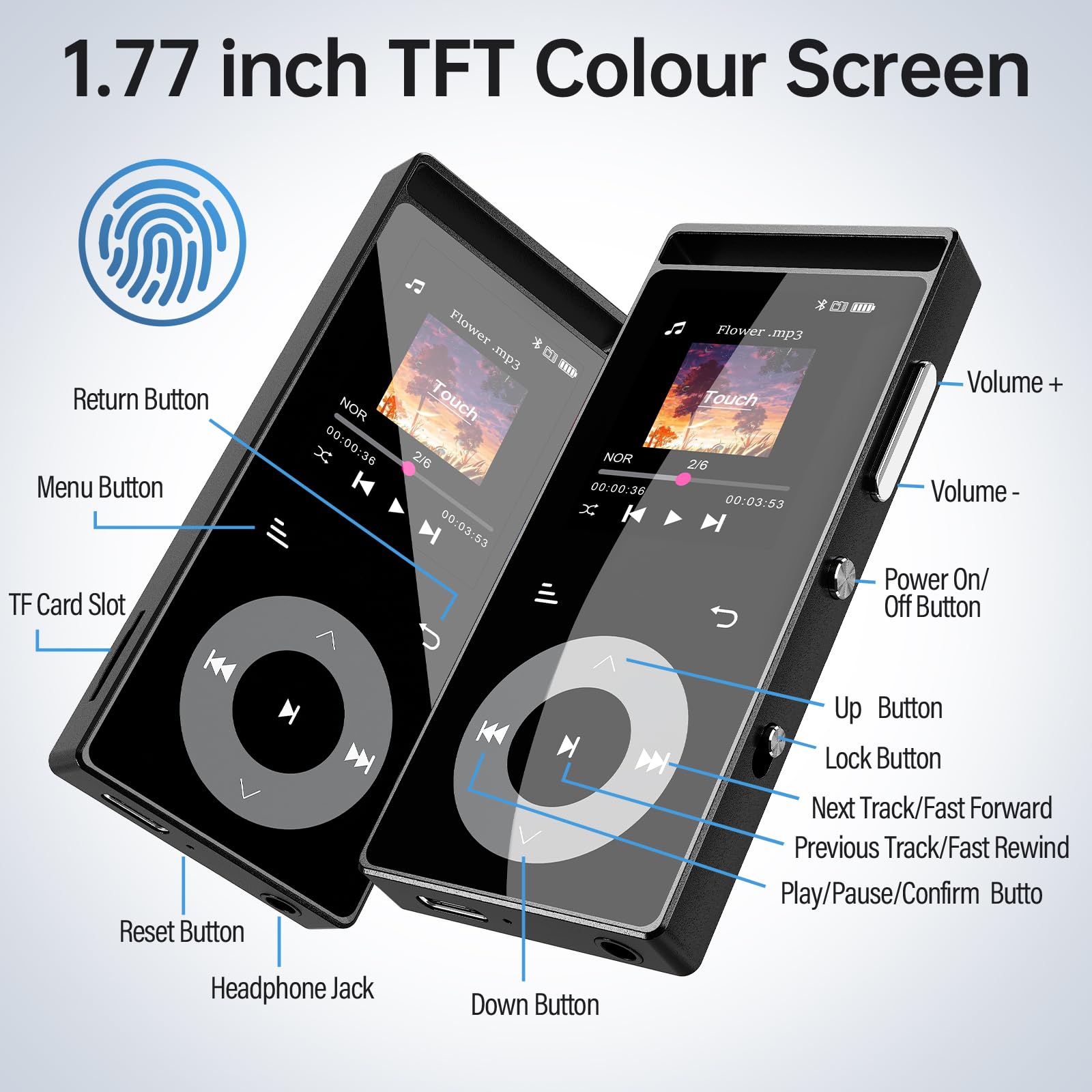 90GB MP3 Player Bluetooth 5.3, HiFi-Sound MP3-Player mit Touch-Tasten | MP3 mit Musik, Farbdisplay, Metallgehäuse, E-Book, FM-Radio, Kopfhörer, Speicher bis 128 GB erweiterbar (Schwarz)