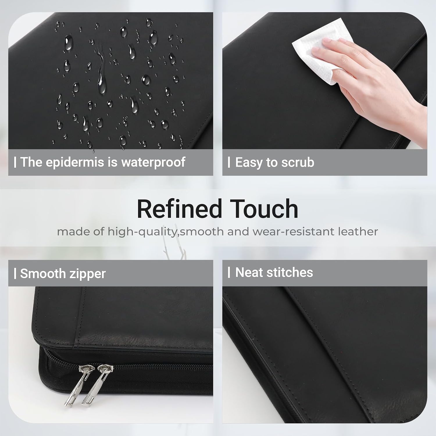 Faux Leather Zippered Padfolio with 3 Ring Binder, Executive Portfolio Organizer Binder, Fits 13.9" Laptop/Tablet, Refillable Writing Pad Pocket, Black