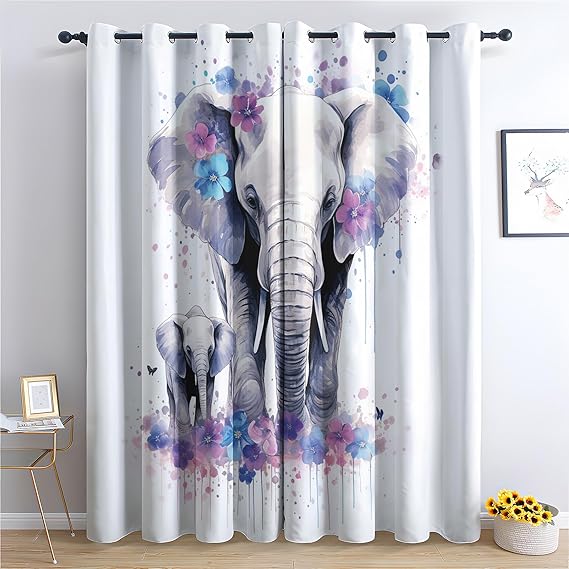Elephant Curtains for Bedroom Living Room, Flowers Blackout