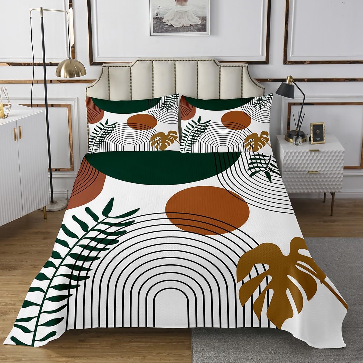 Castle Fairy Boho Quilt Set Queen Size,Mid Century Modern Lightweight Coverlet Bedspread,Minimalist Lines Bed Cover Set,Colorful Leaves Sun Pattern Bedspread 3 Piece (1 Quilt,2 Pillowcases)