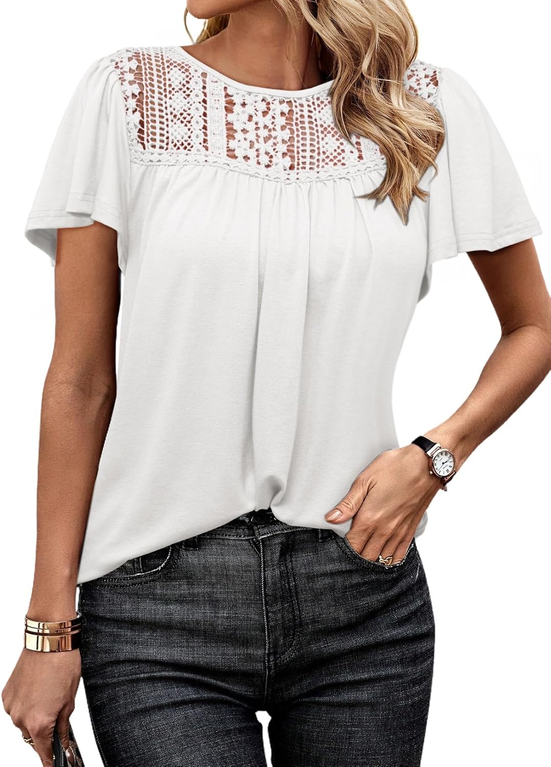 Dokotoo Womens Ladies Casual Summer Tops 2026 Fashion Short Ruffle Sleeve Shirts Crewneck Solid Color Lace Crochet Loose Fit Casual Blouse T Shirts for Women Tee Tunic Tops White L