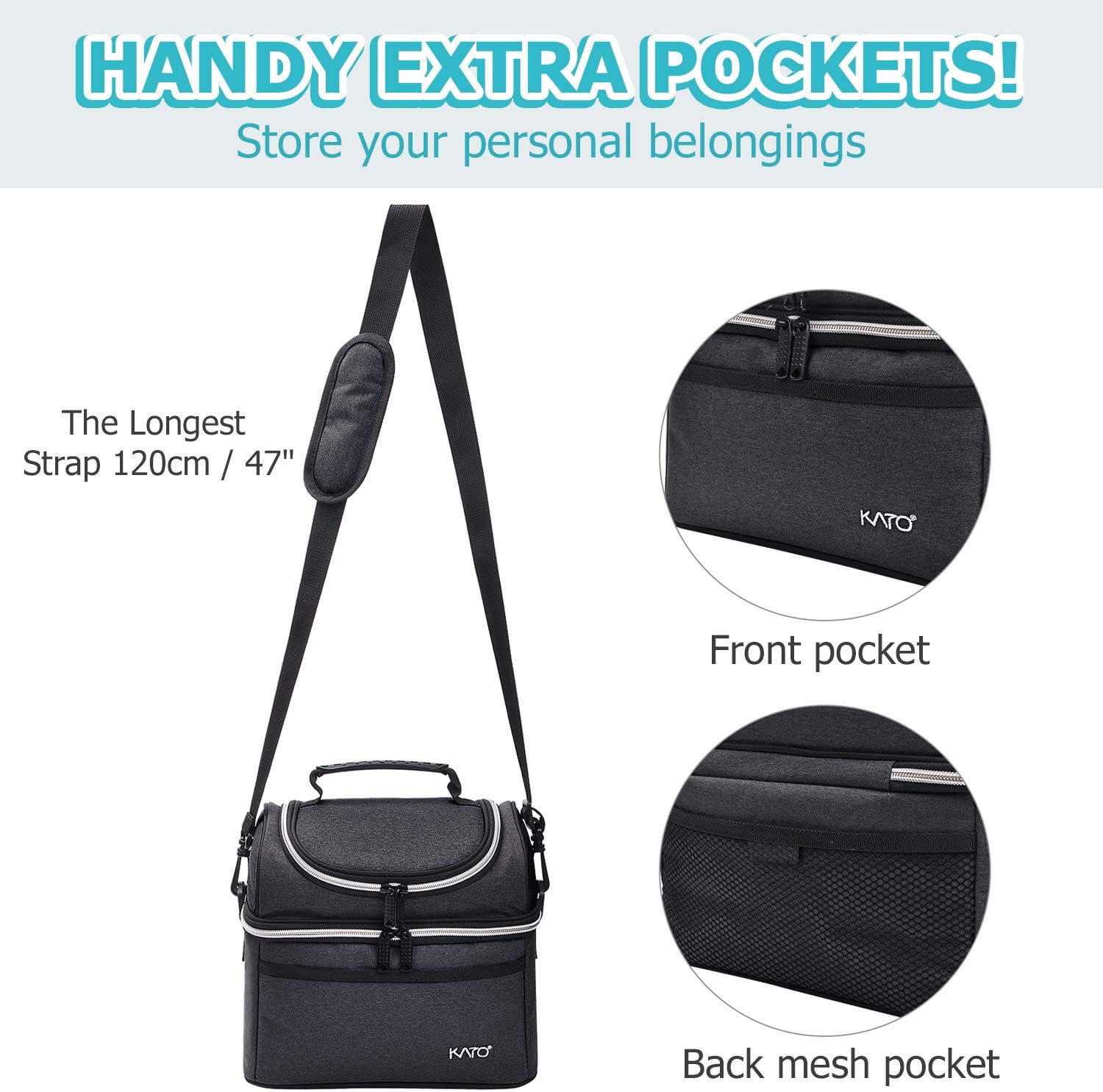 Tirrinia Reusable Lunch Box for Men Women, Insulated Lunch Bag Adult Work, Double Decker Leakproof Lunchbox for Office Picnic Beach—Dual Compartment Lunch Cooler Bag,Black - Image 7