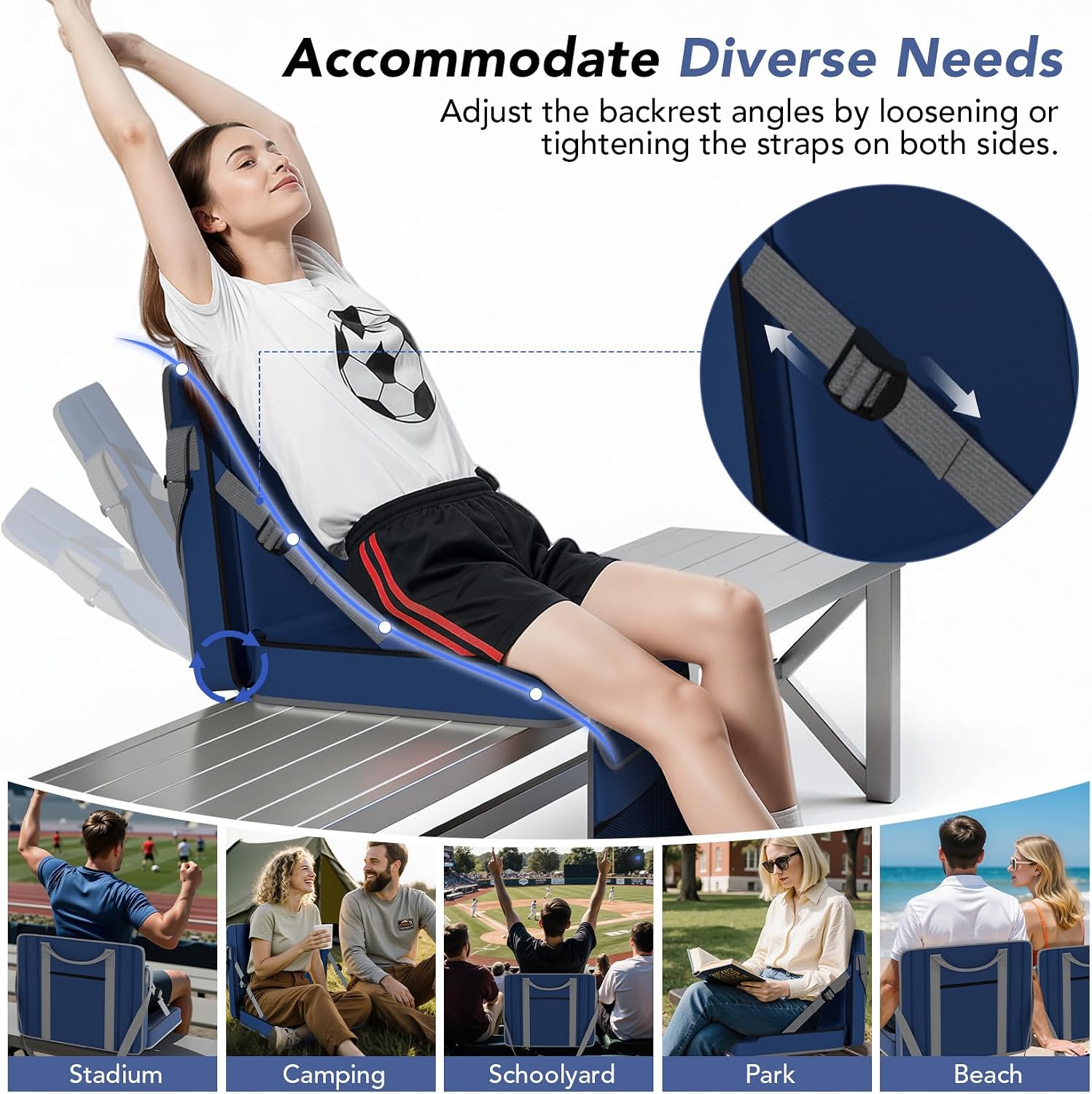 Bleacher Chairs Stadium Seats with Back Support 2PACKS Bleacher Seat with Back and Cushion with Cup Holder, Carry Handle & Shoulder Strap for Outdoor Sports Events, Picnics,Large Navy