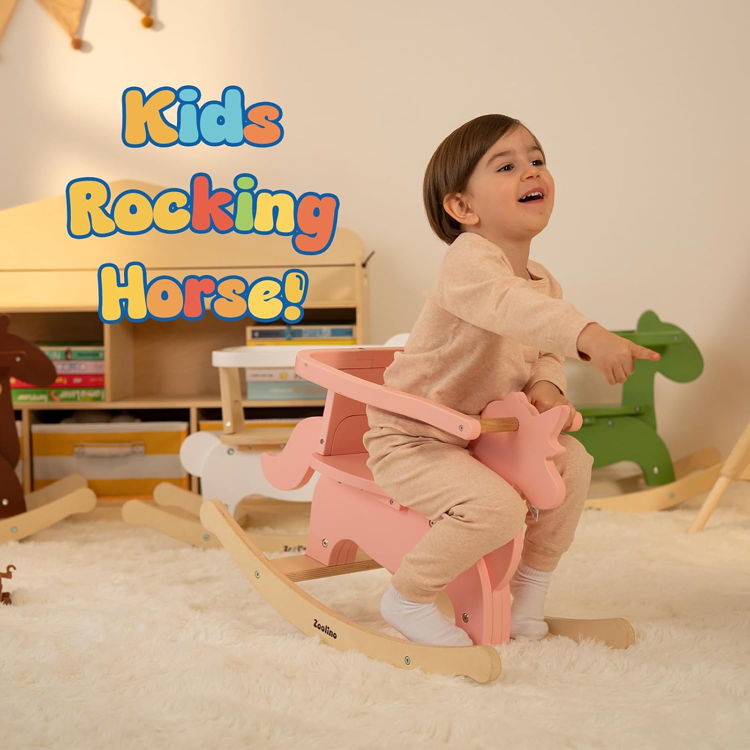 Wooden Rocking Horse for Toddlers 1-3, Baby Ride On Toy with Removable Secure Backrest & 50lb Capacity, Sheep Rocker for 1 Year Old Girl Boy Birthday Gift, Nursery Decor