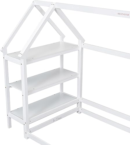 Miniatura 59 de KLMM Cama de madera de tamaño matrimonial con valla y puerta, marco de cama de madera para niños o niñas, se puede decorar (valla blanca + puerta)