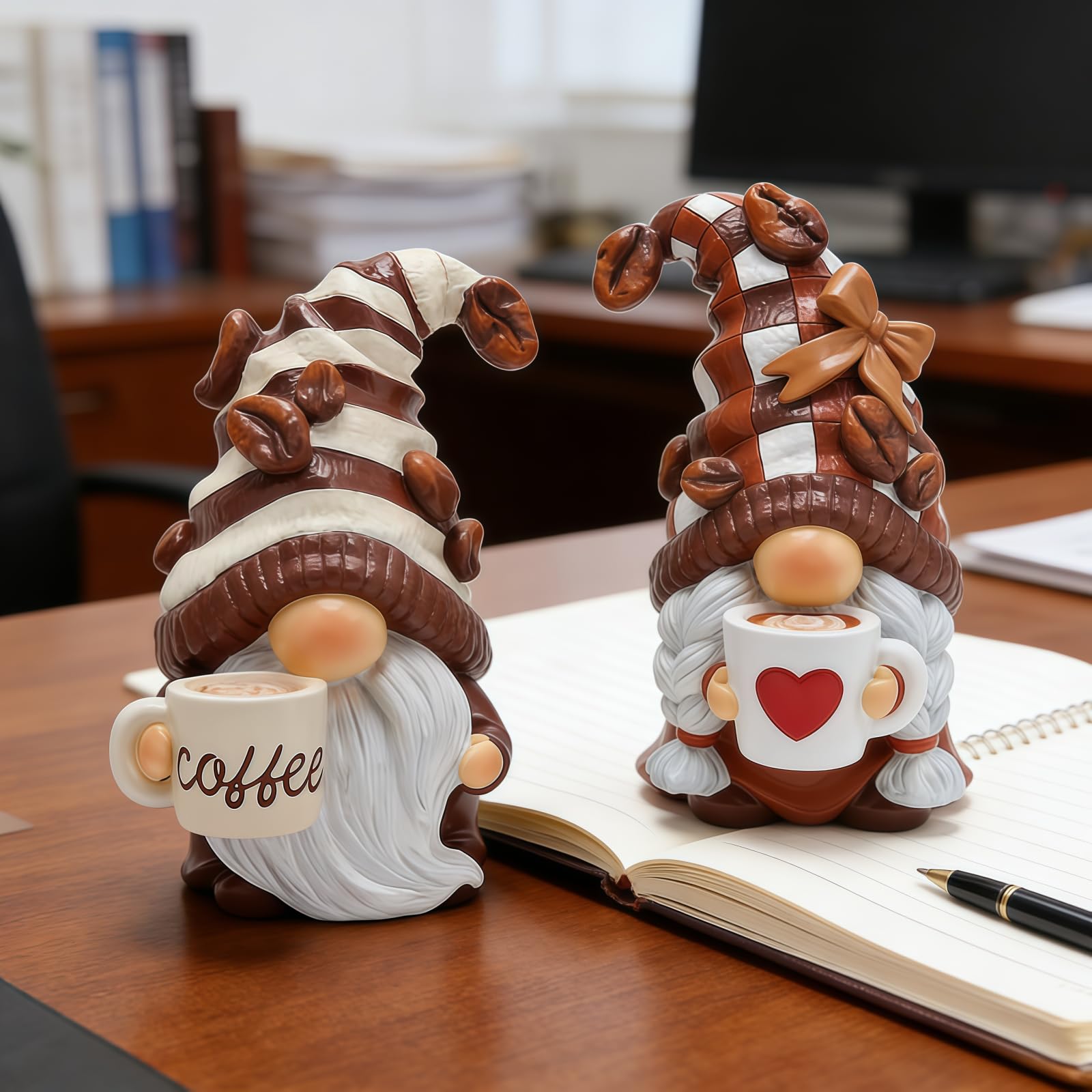 Coffee Gonk Gnomes Figurines,Kitchen Ornaments,Easter Gonk,2-Pack Resin Gnome Ornament – Nordic Holiday Hand-Painted Decor for Coffee Bar, Kitchen, Office Desk & Tiered Tray, Festive Gift (Coffee)