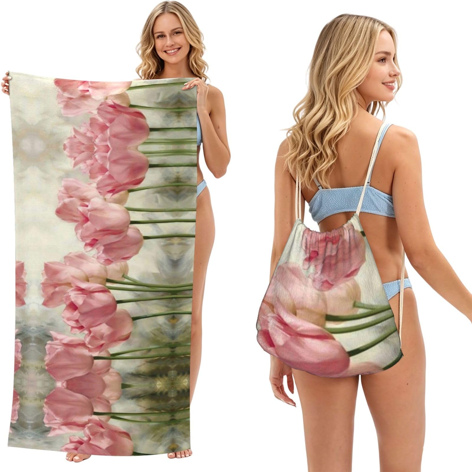 ESNAIUVCD Pink Tulips Print Beach Towel For Adults,Towel With Drawstring Bag, Travel Pool Swimming Sports Shower Sand Free Quick Dry Bath Towel For Pool, Beach, Yoga- 180x60cm