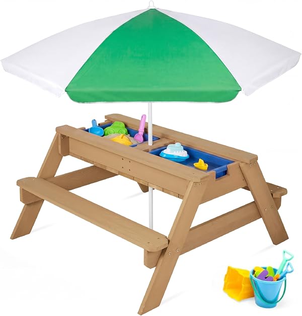 Best Choice Products Kids 3-in-1 Sand & Water Table, Wood Outdoor Convertible Picnic Table w/Umbrella, 2 Trays, Removable Top - Green