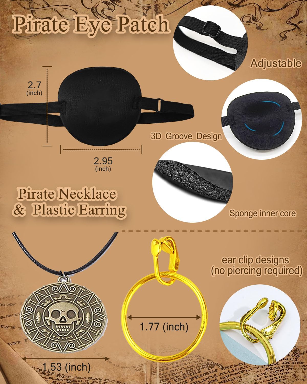 kasahara Pirate Costume Accessories for Women Men 6 Pcs Pirate Head Scarf Bandanas Waist Sash Belt Jewelry - Image 6