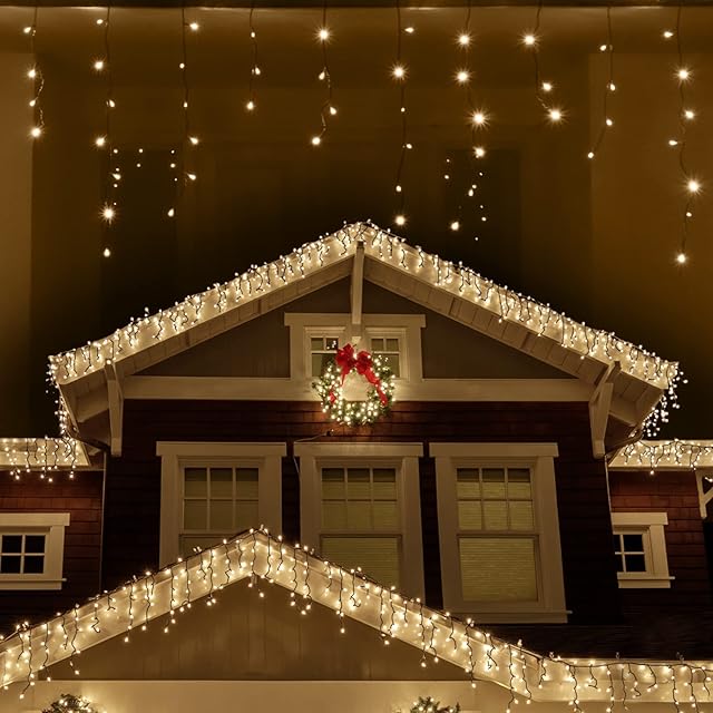 ANSIO® Outdoor Christmas Lights 220 LED 7.5m/24ft Icicle Lights Outdoor & Indoor Warm White Decorations String Fairy Outside Lights with Timer for Xmas Garden Bedroom & Party|Mains Powered Green Cable