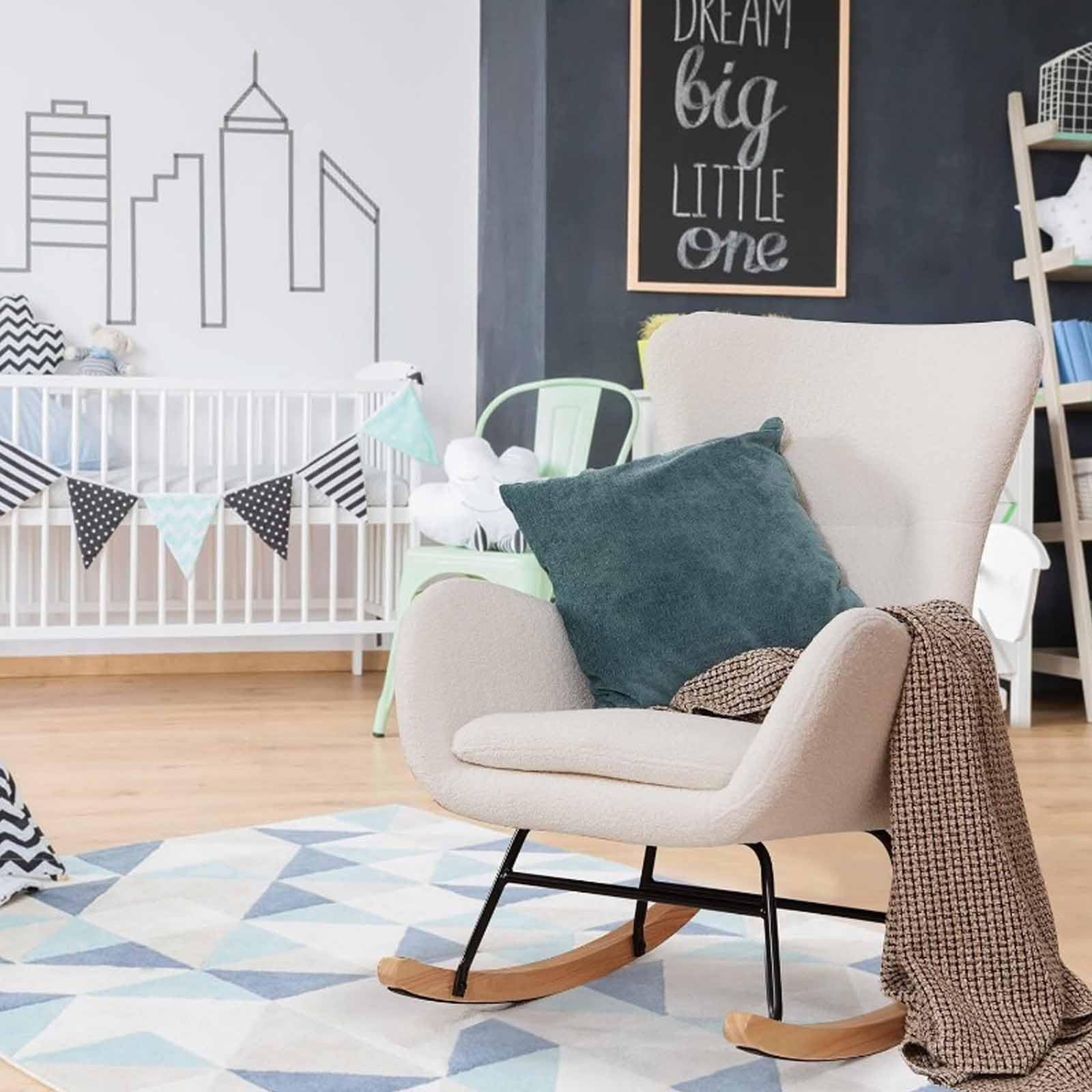 ERoomQ Nursery Rocking Chair with High Backrest and Armrests, Teddy Velvet Upholstered Baby Rocking Chair for Baby Nursery, Living Room, Bedroom,White(Pink)