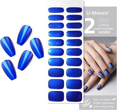 Semi Cured Gel Nail Strips, 20pcs Blue Mirror Chrome | Gel Nail Sticker,Easy Apply&Remove Long Lasting with UV Lamp Home Salon DIY Art for Women