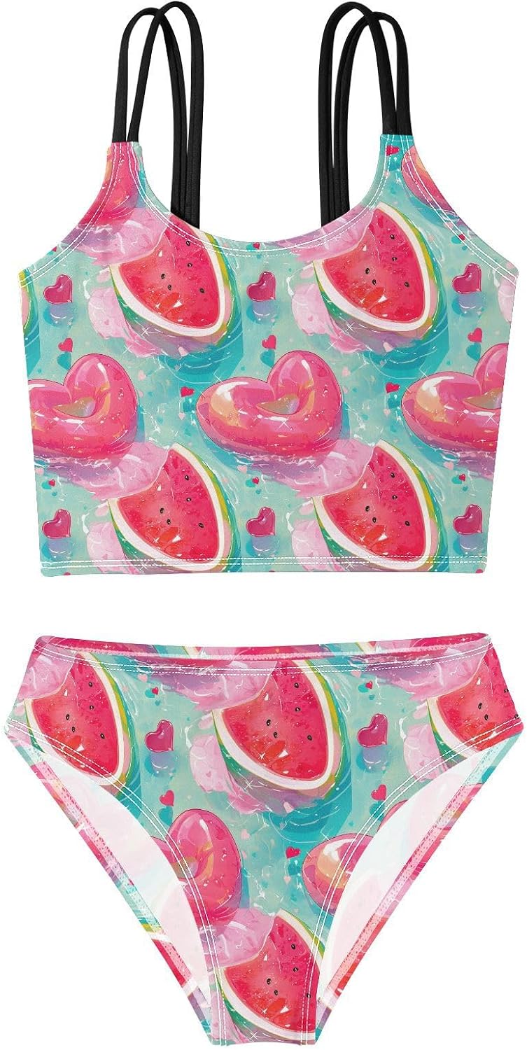 visesunny Girls Two Piece Swimsuits Love Watermelon Pattern Girl's Bikini Sets Bathing Suits for Girls Size 5-12Y