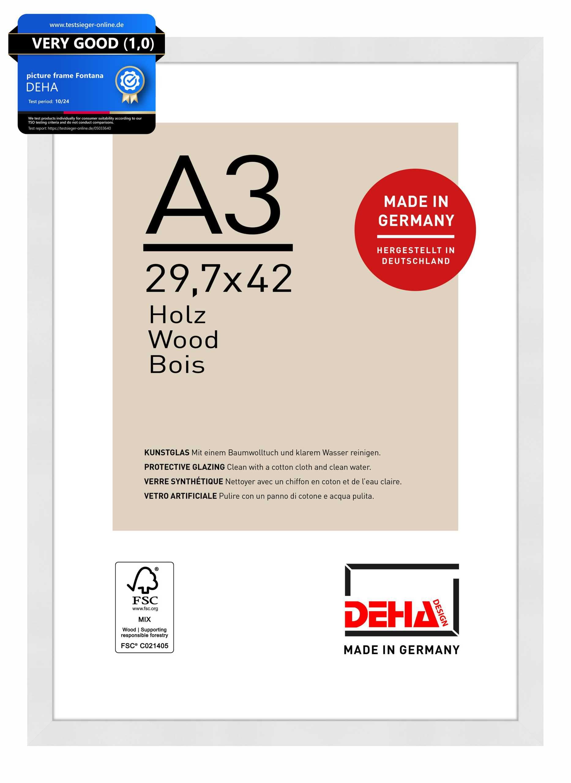 Deha Design White Fontana Wooden Picture Frame - A3 (29.7X42 Cm) – - With Synthetic Glass And Push/Turn Clips