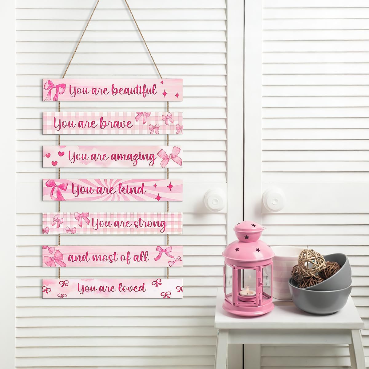 NymphFable Pink Bow Motivational Sign, Positive Affirmations Wooden Coquette Wall Art Decor for Girls Bedroom Nursery Dorm Decor