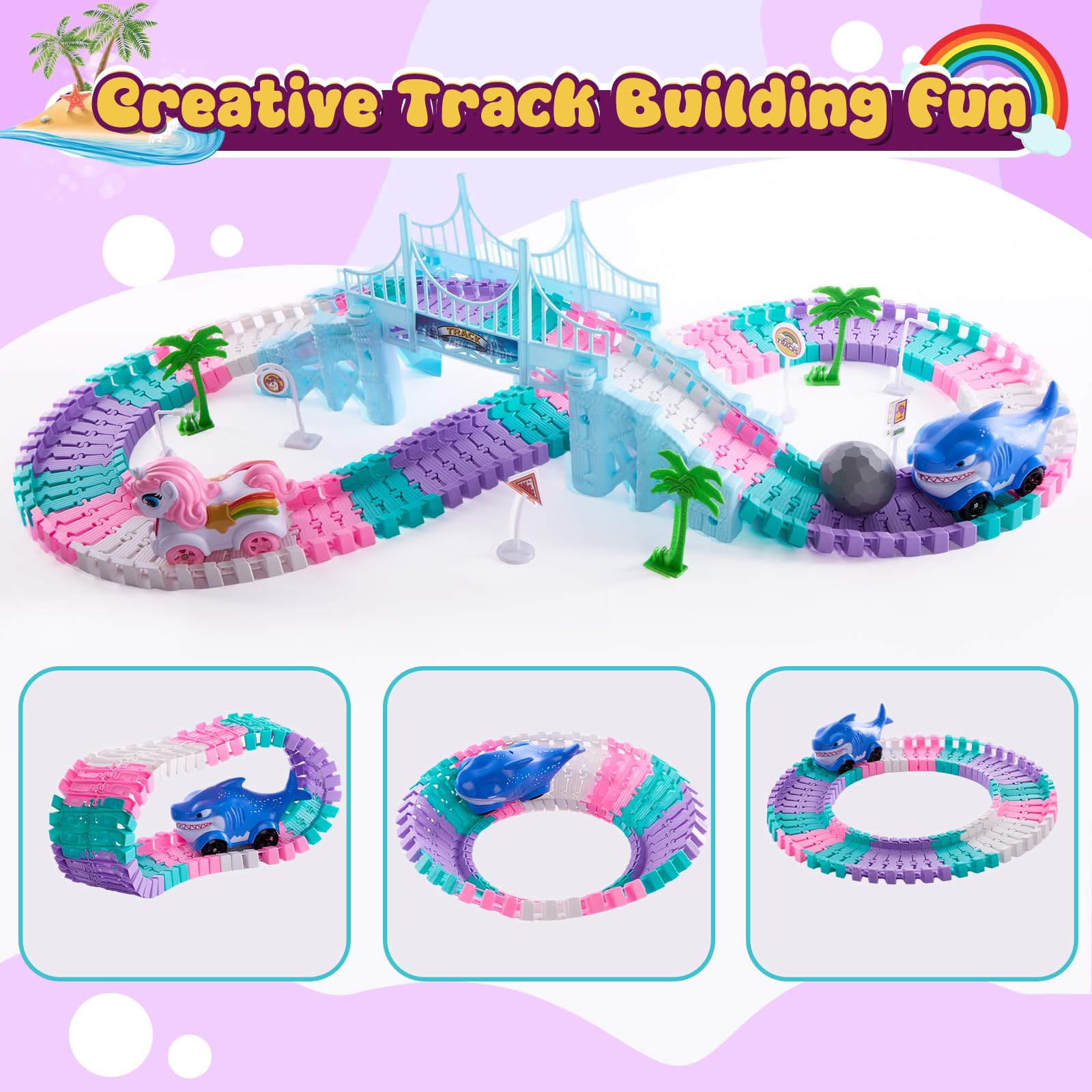 DIY Circuit Licorne 194 PCS – Piste Flexible et Modulable avec Voitures Requin & Balle, Jeu de Construction Créatif, Cadeau Licorne pour Filles et Garçons 3-12 Ans, Idée Cadeau Anniversaire Enfant