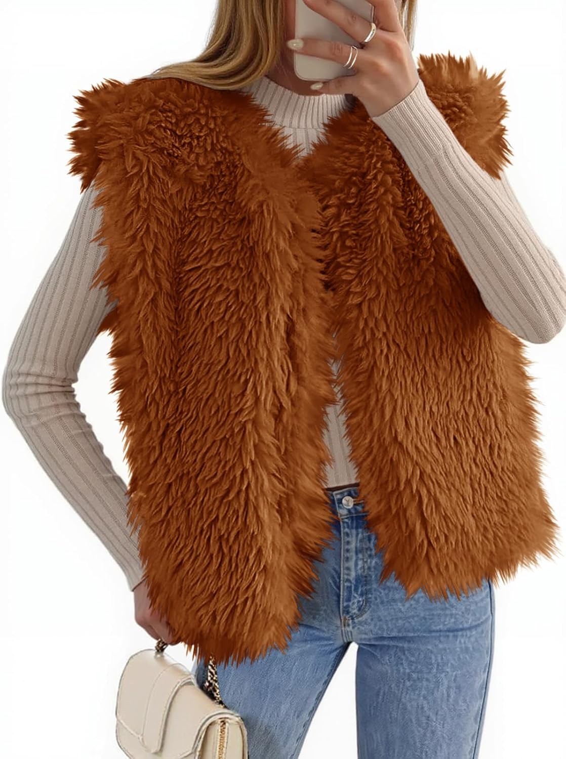 Tankaneo Womens Faux Fur Vest Cropped Sleeveless Warm Winter Shaggy Open Front Outerwear Vest