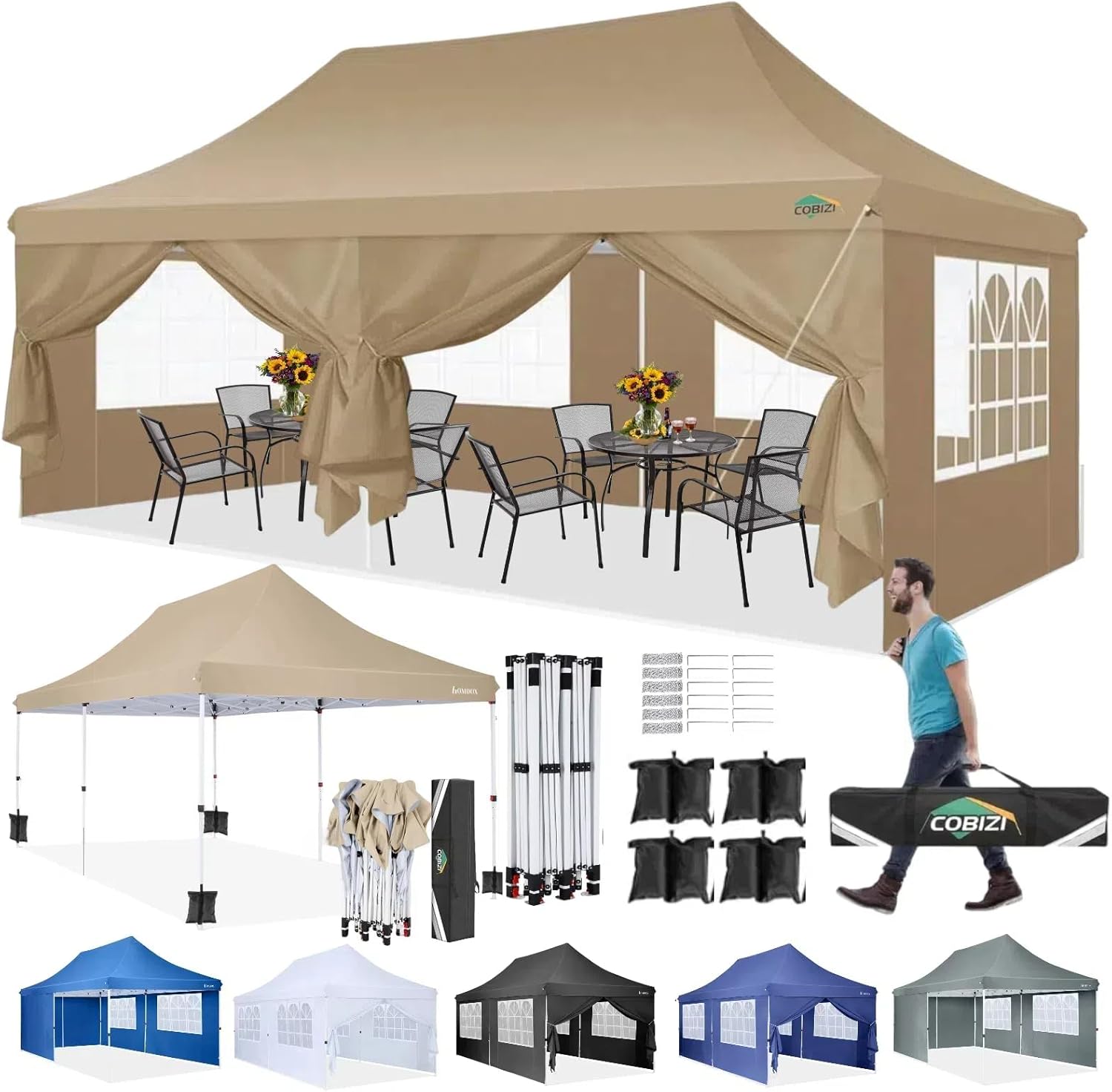 GOPLUS 3x6M Tonnelle Jardin Pliable Avec 6 Parois Latérales, Cadre Métallique Réglable, Entrées