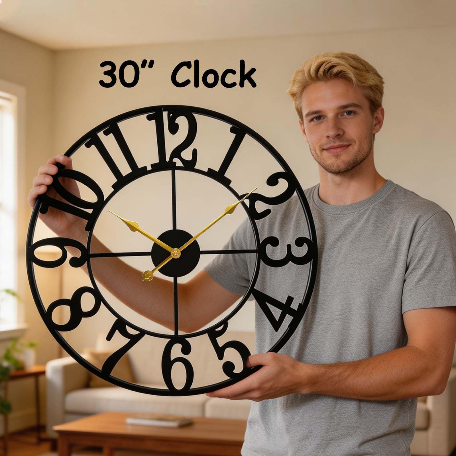 Grande horloge d'extérieur étanche de 76,2 cm pour terrasse – Horloge extérieure arabe pour patio, porche, piscine – Horloge murale décorative rustique en métal noir avec mouvement à quartz