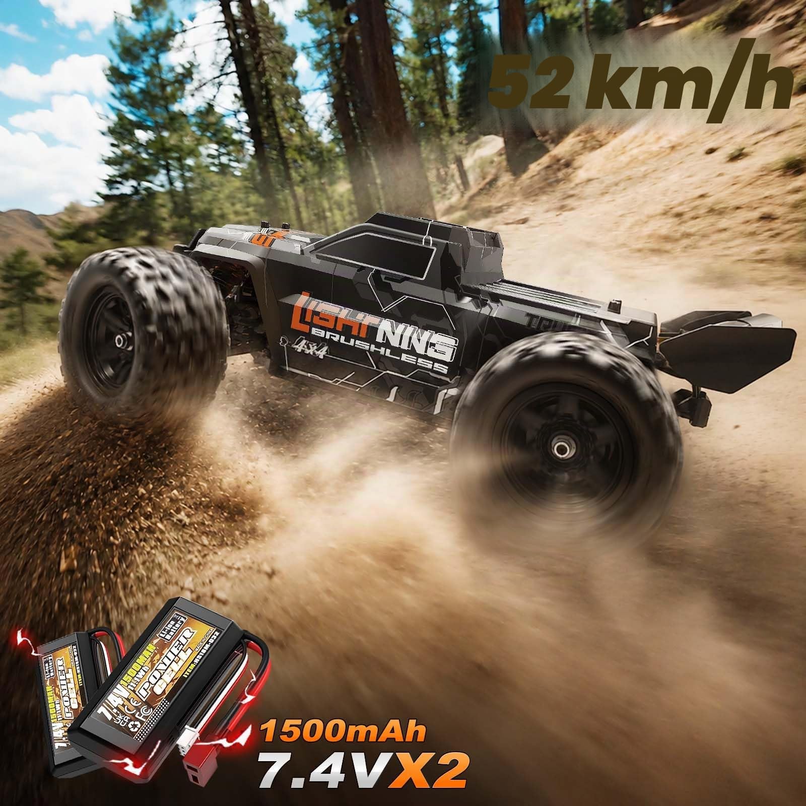 Voiture Télécommandée 1:18 Brushless 4WD Voiture RC 52 km/h pour Adultes & Enfants dès 8 10 Ans, Voiture RC Offroad RTR avec Transmission Métal, 2 Batteries & 2 Jeux de Pneus pour Tout Terrain & Sable