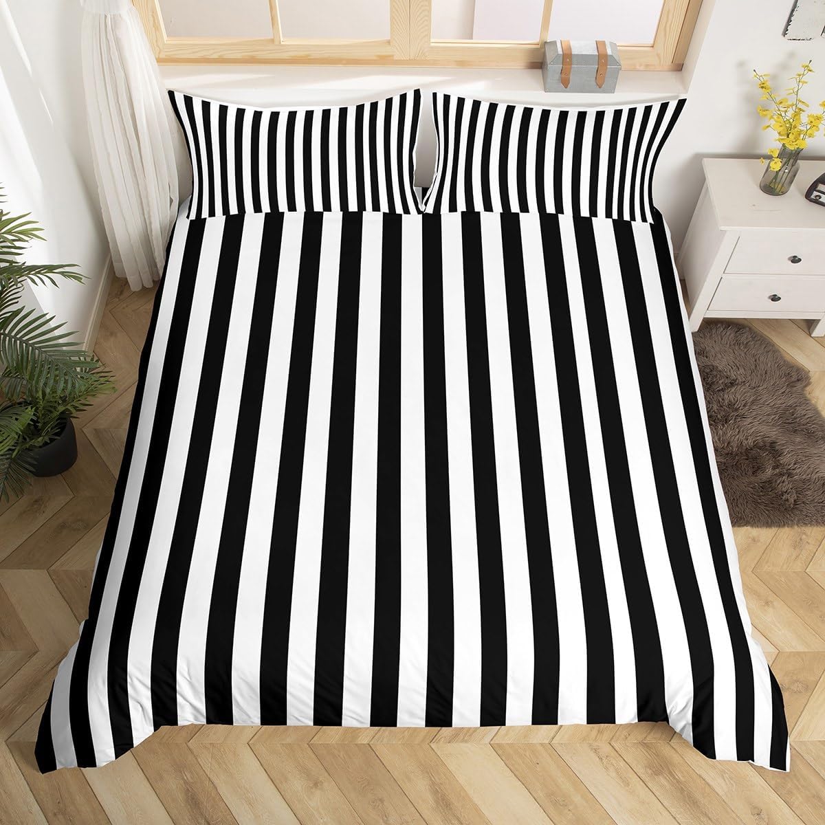 Feelyou Black White Striped Duvet Cover King Size Striped Comforter Cover for Boys Girls Basic Simple Bedding Set 3Pcs Geometric Room Decor No Comforter