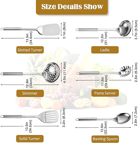Miniatura 7 de Juego de utensilios de cocina de acero inoxidable, juego de 6 utensilios de cocina de metal para cocinar, juego de espátulas resistentes al calor,