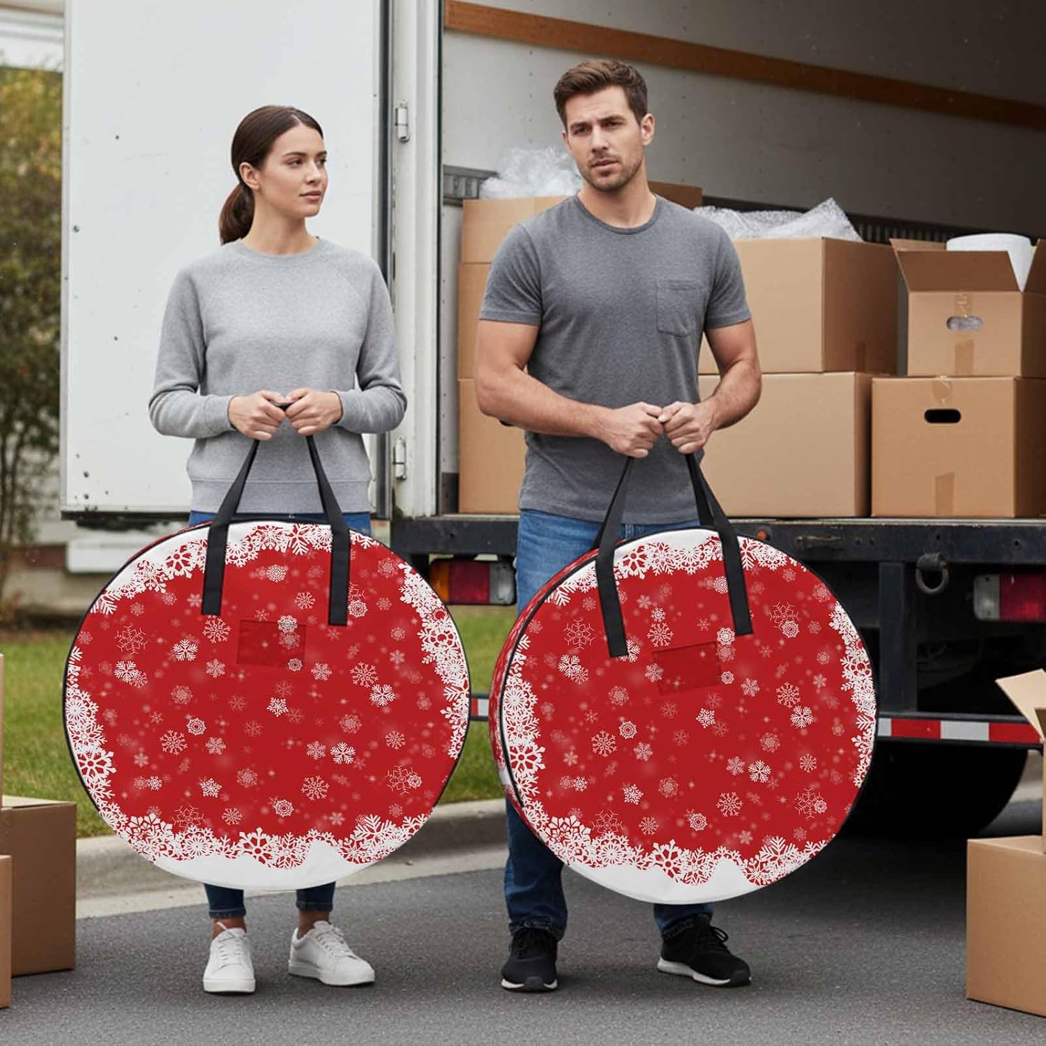 Christmas Dreamlike Round Storage Bag 36 Inch, Winter Snowflake Red Background Clothes Storage Container with Handles Heavy Duty Organizer for Comforter, Bedding & Holiday Wreaths