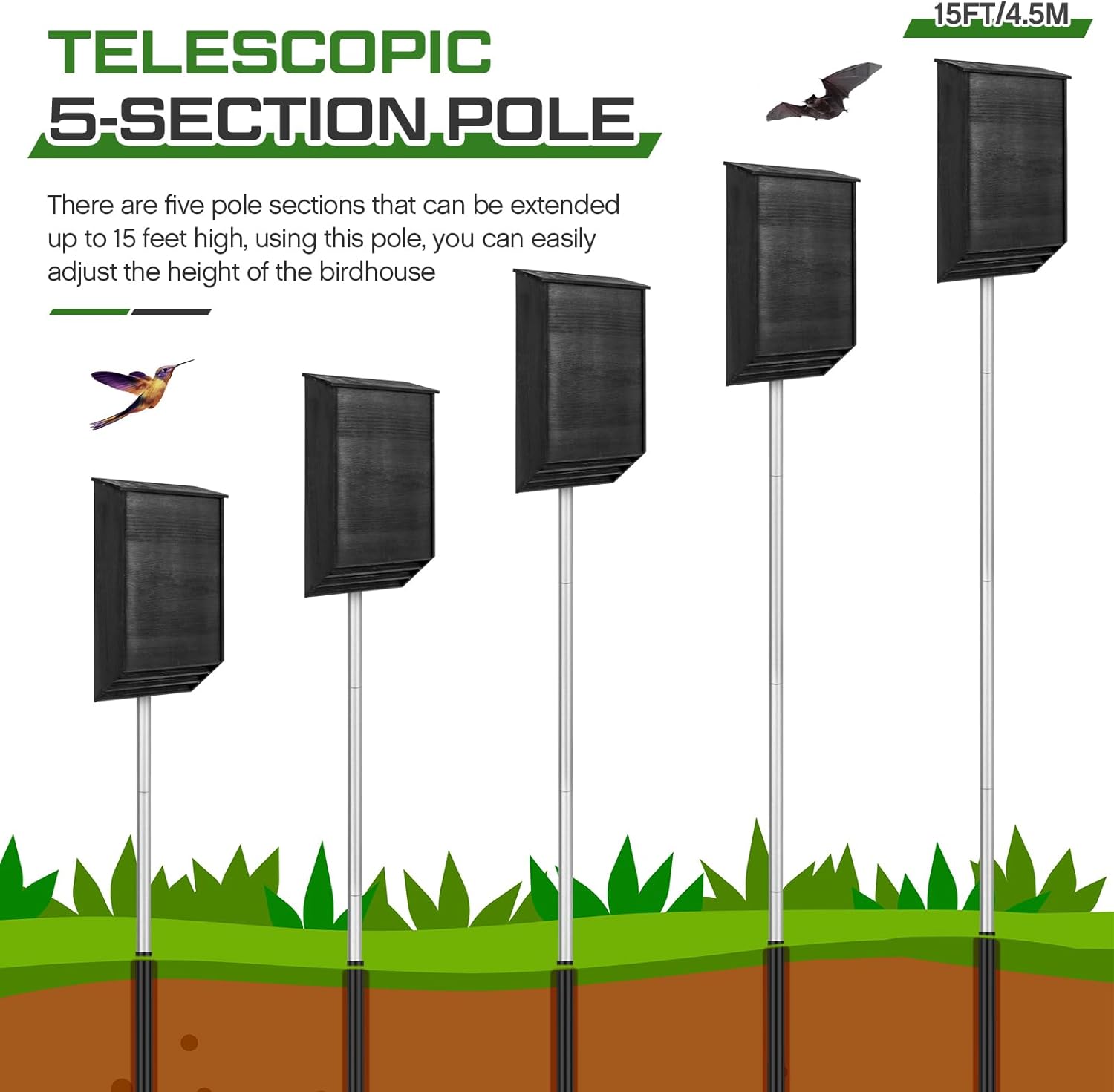 Adjustable Purple Martin Houses Pole with Ground Socket, 15 Ft Heavy Duty Bat House Pole Accessories for Martin Houses