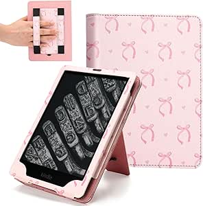 Cute Stand eReader Case with Hand Strap,Compatible with 7" Kindle Paperwhite 12th(2024)/11th(2021) Gen 6.8",Pink Ebook Cover Accessories Colorsoft,PU Leather Lightweight Waterproof Case with Pocket