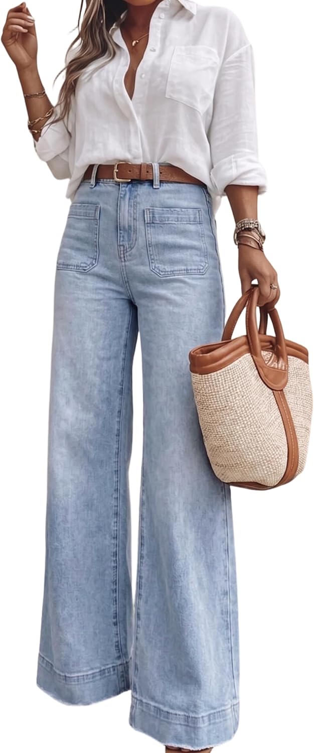 Women's High Waisted Wide Leg Jeans with Retro Patch Pockets Stretchy 70s Vintage Loose Denim Pants for Summer Vacation
