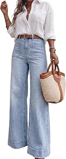 Women's High Waisted Wide Leg Jeans with Retro Patch Pockets Stretchy 70s Vintage Loose Denim Pants for Summer Vacation