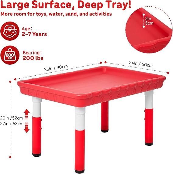 FUNLIO Sensory Table for Kids (35x24), Height Adjustable Rectangular Tuff Tray Sensory Table, Multi-Use as Water Table & Sand Table for Indoor & Outdoor, Easy 3-Min Assembly No Tools Needed - Red