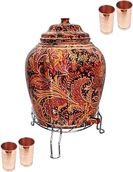 AQUIRIOS 10 Liter Copper Tank Copper Container Copper Pot Copper Matka Copper Utensils with 4 Glass and Stand