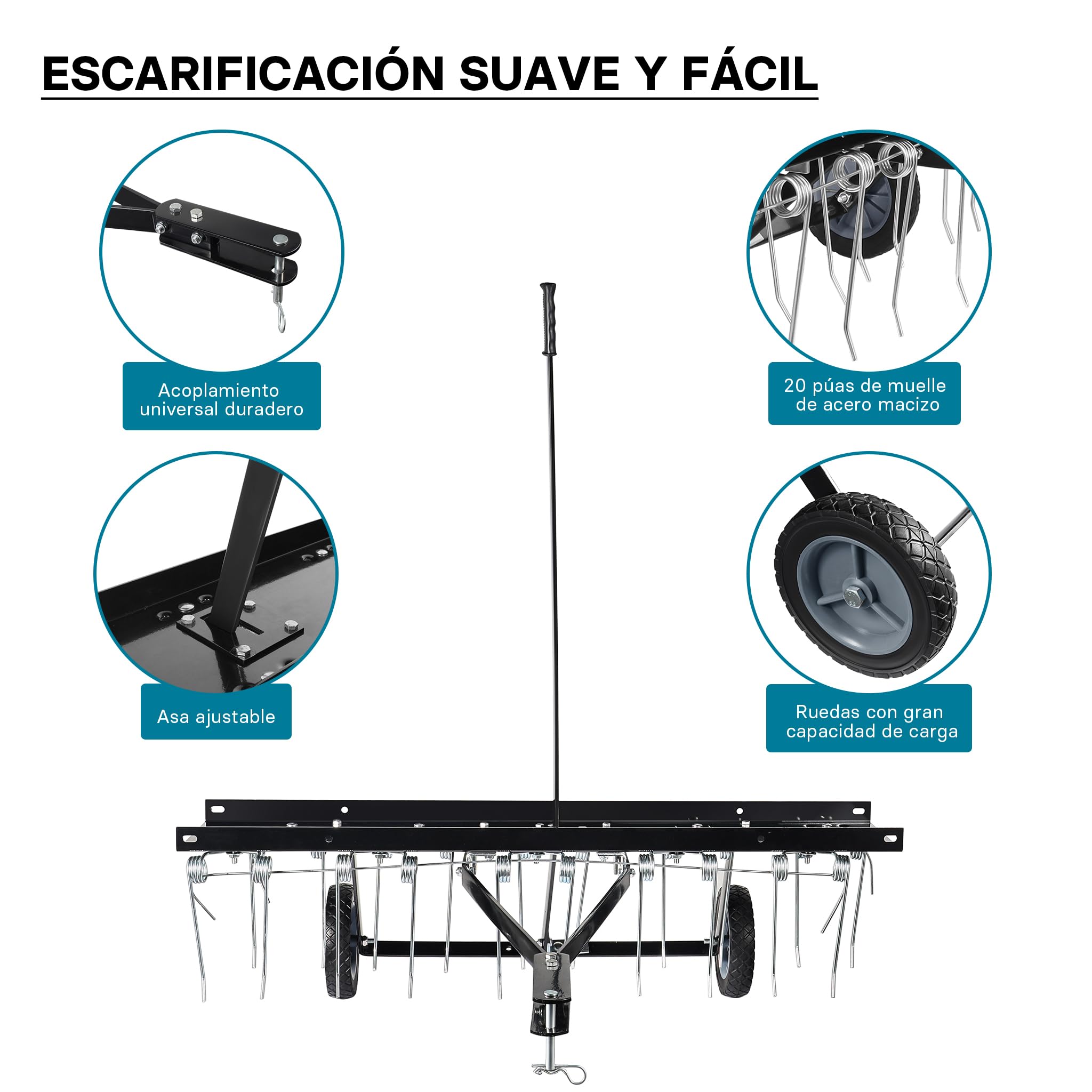 Wiltec Escarificador de césped 100 cm de ancho de trabajo muelles de acero 16,5 cm altura regulable 18 y 22 cm ruedas resistentes 15 Kg de peso aireador quita musgo rastrillo para tractor cortacésped