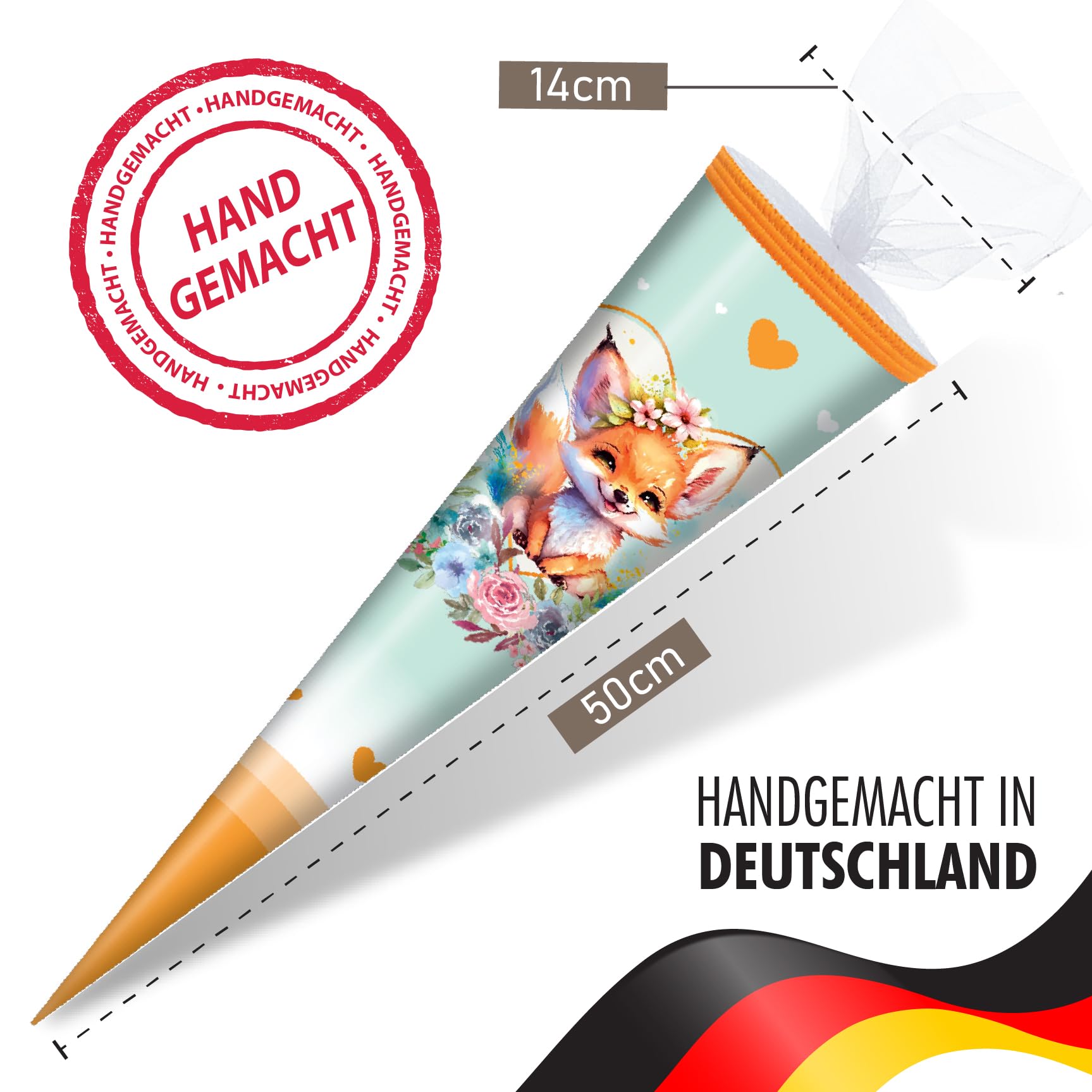 OYOY 50cm Schultüte gefüllt mit 515g Süßigkeiten Mix I Schultüte Fuchs I Einschulung Geschenk I Schultüte fertig gefüllt I Schultüte mittel mit Riesenlutscher Einhorn