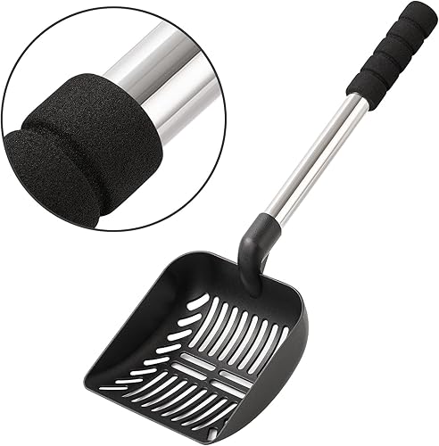 Miniatura 4 de Yangbaga Cuchara de arena de metal para gatos con pala profunda y mango largo, tamiz desmontable de acero inoxidable antiadherente con agarre
