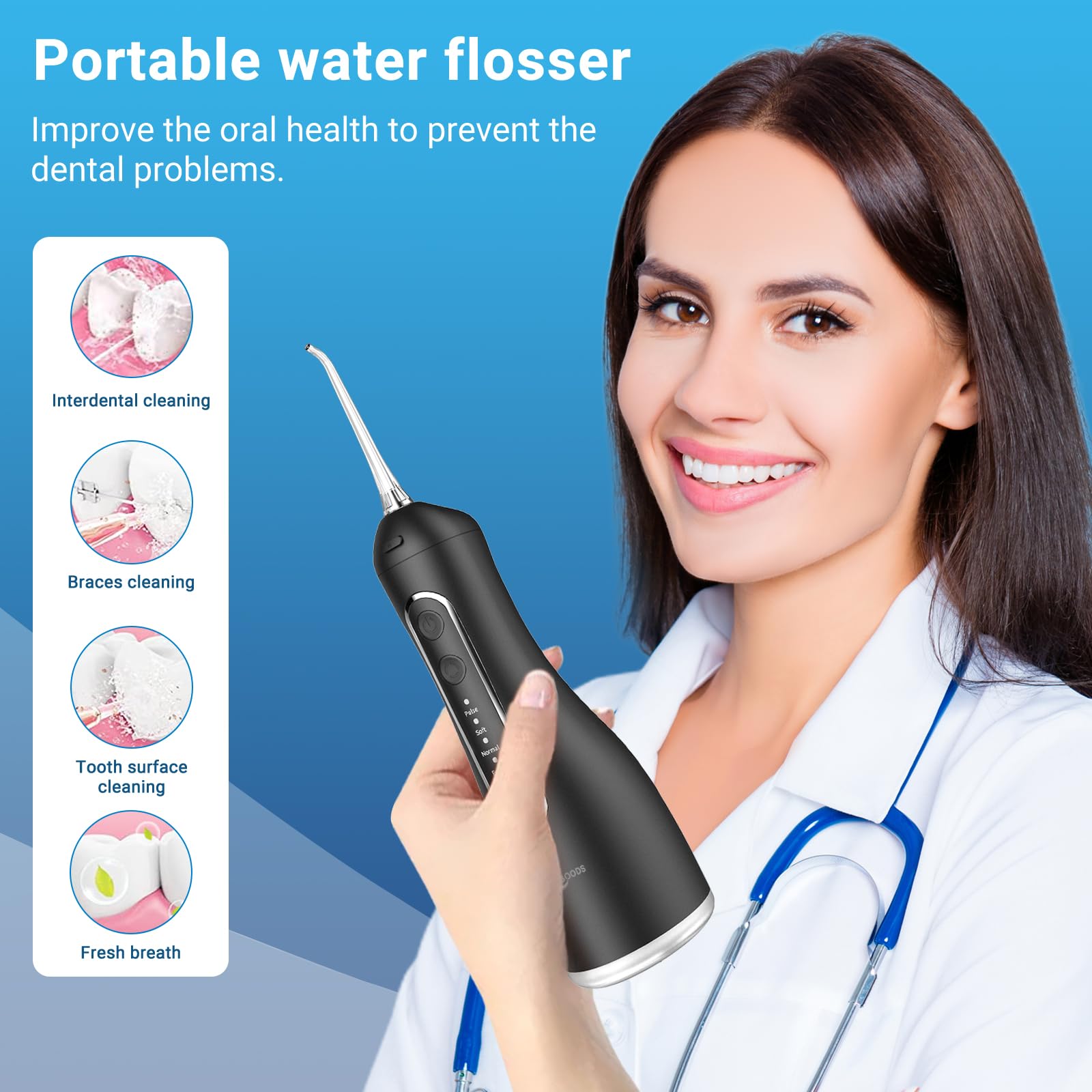 JNGOODS JNGOODS - Irrigador bucal inalámbrico de agua, 300 ml, recargable para dientes, IPX7, impermeable, 4 modos, irrigador oral portátil con 4 puntas de chorro, uso doméstico de viaje (negro)