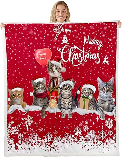 Manta de forro polar con estampado de gatos de Feliz Navidad, copos de nieve, mascotas, gatos, para cama, sofá, sofá, bonito manta de felpa con