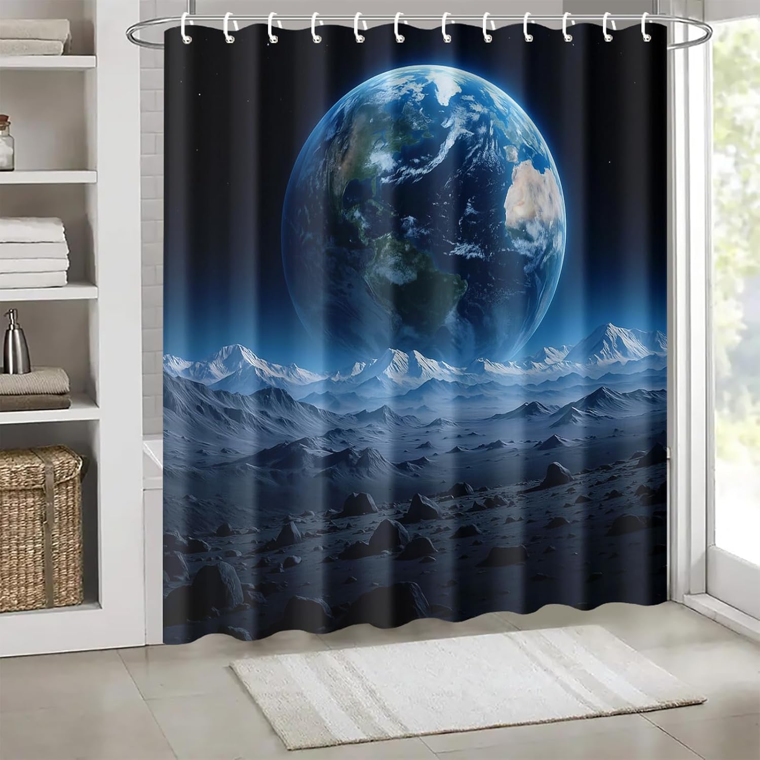 Earth View Shower Curtain 72x72 Inch with Hooks Outer Space Planet Scene Fabric Bathroom Decor with Distant Earth and Alien Terrain for Astronomy Sci Fi Lovers Cosmic Bathtub