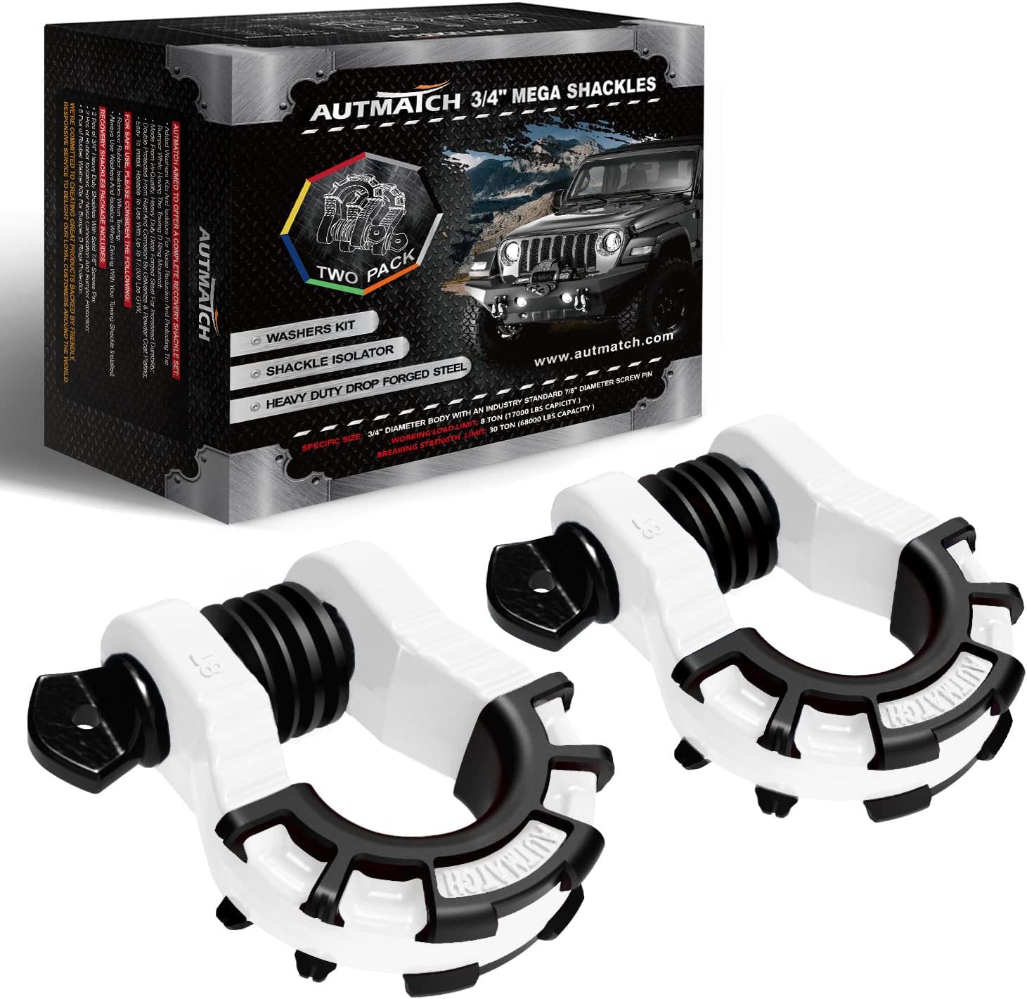 AUTMATCH D Ring Shackles 3/4" Mega Shackle (2 Pack) 68,000Ibs Break Strength with 7/8" Screw Pin and Shackle Isolator & Washers Kit for Tow Strap Winch Off Road Vehicle Recovery, White