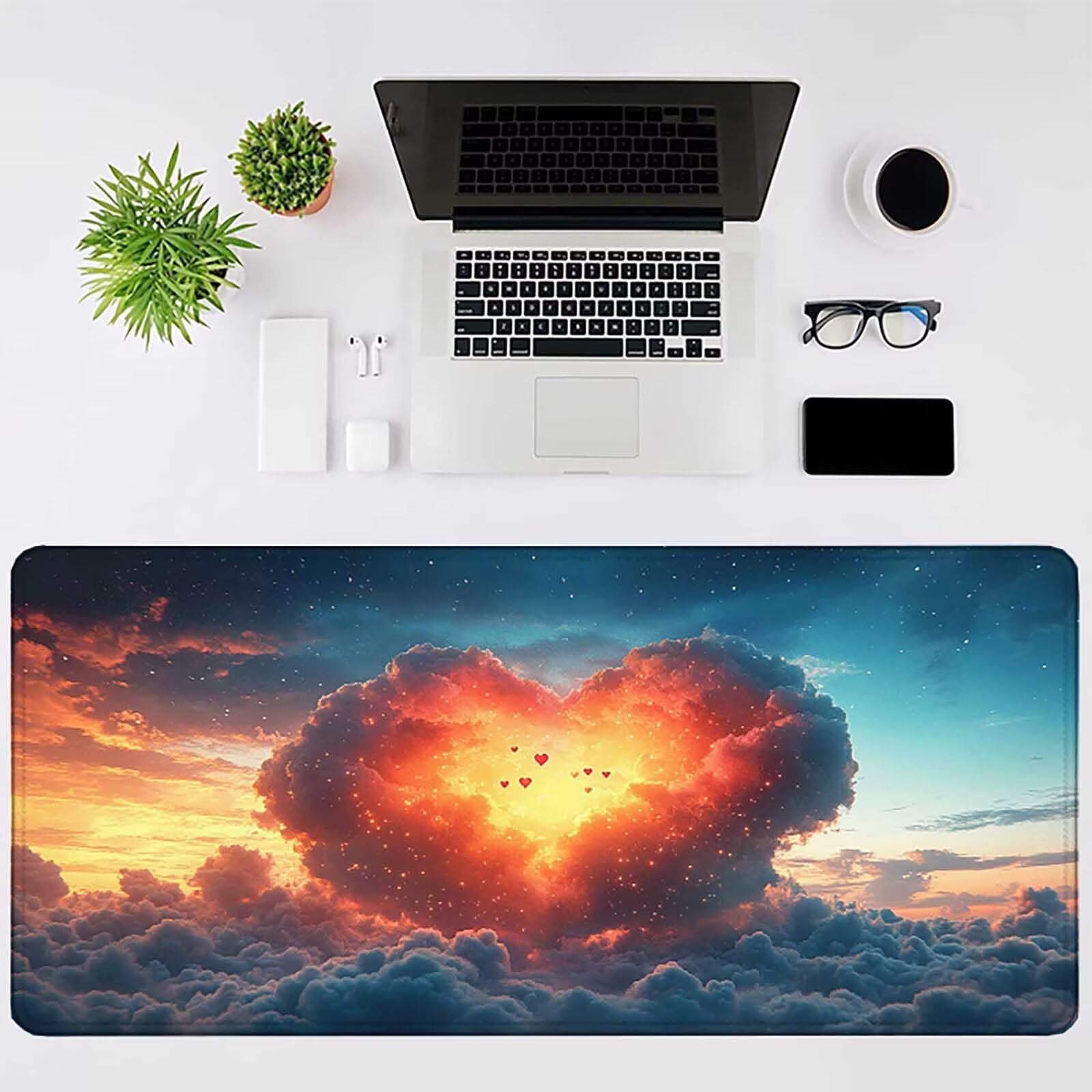 Biała podkładka pod mysz XXL 1200 x 600 mm, wodoodporna podkładka pod mysz niebo wzór szyte krawędzie design akcesoria biurowe antypoślizgowa gumowa podstawa powierzchnia dla graczy, biurko -hjw250618