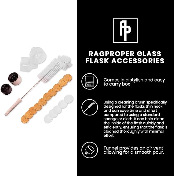 Ragproper Glass Flask Accessory Kit - Cleaning Set with Cleaning Brush, Silicone & Cork Lid Liners, Stainless Steel & Plastic Lids & Smooth Pour Funnels (Single Shot, 100mL)