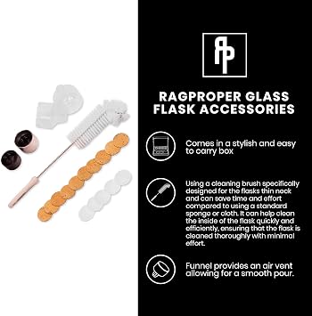 Ragproper Glass Flask Accessory Kit - Cleaning Set with Cleaning Brush, Silicone & Cork Lid Liners, Stainless Steel & Plastic Lids & Smooth Pour Funnels (Single Shot, 100mL)
