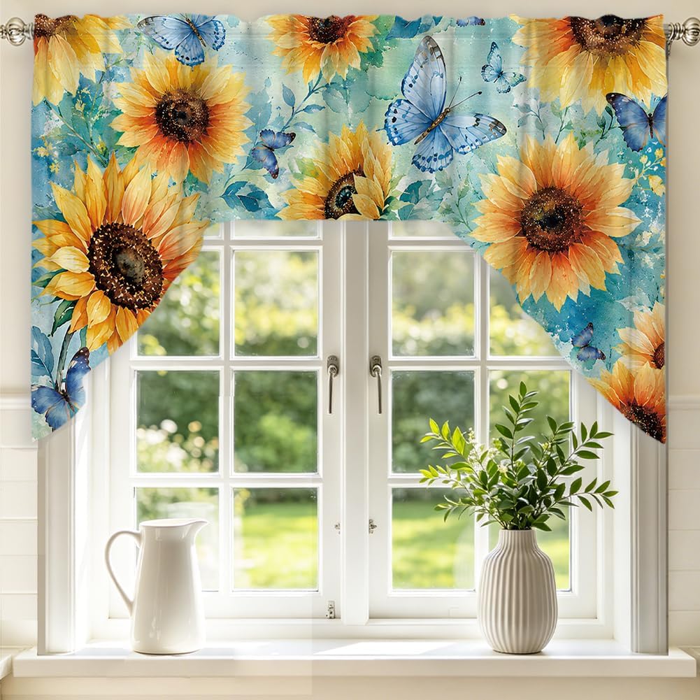 arricraft 1 Panels Trapezoidal Polyester Window Curtains, 56"x36" Sunflower Butterfly Window Curtain Rod Pocket Kitchen Valance Short Door Curtain for Kitchen Offices Bedroom Decoration