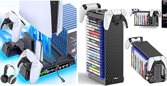PS5 Gaming Accessories Kits Cooling Station with Dual Controller Charging Station - Black & Video Game Storage Tower Holder with Controller Stand - 1 Tier